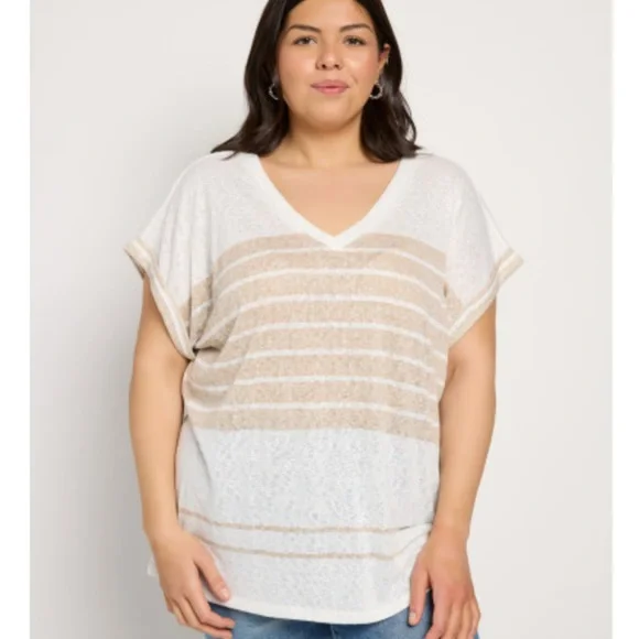 Bobeau Ivory and Light Taupe Striped Short Sleeve Tee - Size XXL - Picture 1 of 6